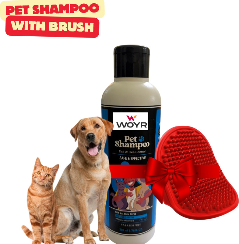 WOYR 1 PC tick and flea shampoo for Pets with 1 palm brush for cleaning|dog shampoo Anti-Bacterial, Itch Relief, Anti-itching, Anti-dandruff, Flea and Tick Neem, Aloevera Dog, Cat Shampoo(200 ml)
