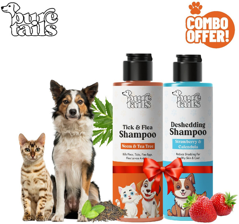 Pure Tails DOG(COMBO OF 2) FLEA & TICK SHAMPOO 200ML +d shadding SHAMPOO ALLERGY RELIEF, Anti-fungal, Anti-fungal, Anti-dandruff, Conditioning Natural Dog, Cat Shampoo(200 ml)