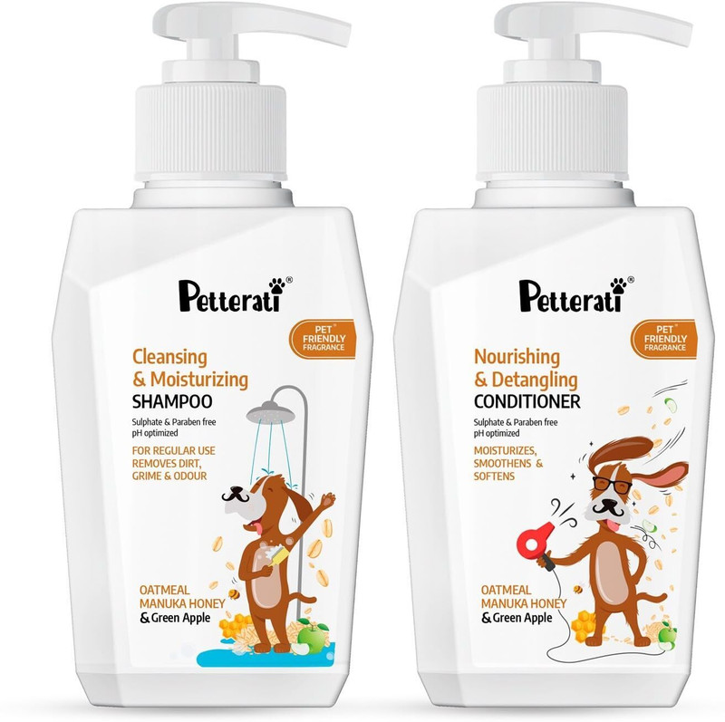 Petterati Cleansing Shampoo + Detangling Conditioner Combo for All Breed Dogs | Conditioning | Oatmeal, Manuka Honey, Green Apple Dog Shampoo(800 ml)