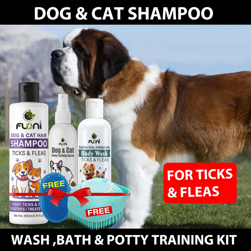 floni Dog Shampoo Kit with Aloe Vera, Neem & Silicone Bath Brush Allergy Relief, Anti-dandruff, Anti-fungal, Anti-itching, Anti-Bacterial, Flea and Tick Fragrance Free Dog, Cat, Rabbit Shampoo(400 ml)