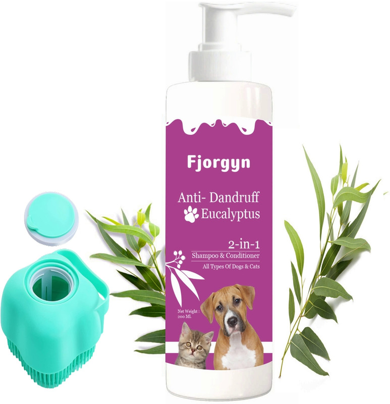 Fjorgyn Anti-Dandruff 2-In-1 Shampoo & Conditioner + Bath & Body Massage Brush For Pets Anti-dandruff, Allergy Relief, Anti-fungal, Anti-itching, Conditioning, Hypoallergenic Eucalyptus Mint Dog Shampoo(200 ml)