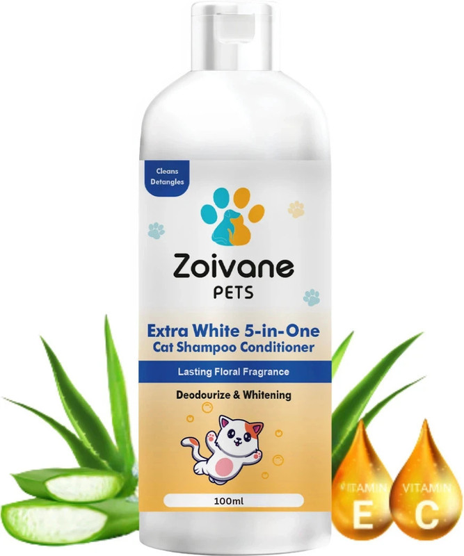 Zoivane 5 in 1 Extra White Cat Shampoo with Conditioner|100% Natural Active Ingredients| Allergy Relief, Anti-microbial, Conditioning, Whitening and Color Enhancing Floral and Sweet Cat Shampoo(100 ml)