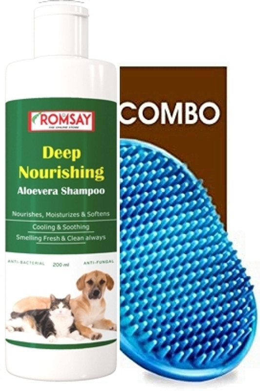 ROMSAY Deep Nourishing Aloevera Shampoo 200ML Pack of 1 with Pet Bathing Brush Allergy Relief, Anti-dandruff, Anti-fungal, Anti-itching, Whitening and Color Enhancing AloeVera Dog Shampoo(200 ml)