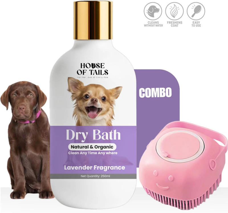 House Of Tails Dry Bath Pet Shampoo Spray + Blue Bath Gloves for dog& cat with Anti-Bacterial, Anti-microbial, Anti-Inflammatory, Anti-fungal Lavendar Dog, Cat Shampoo(250 ml)