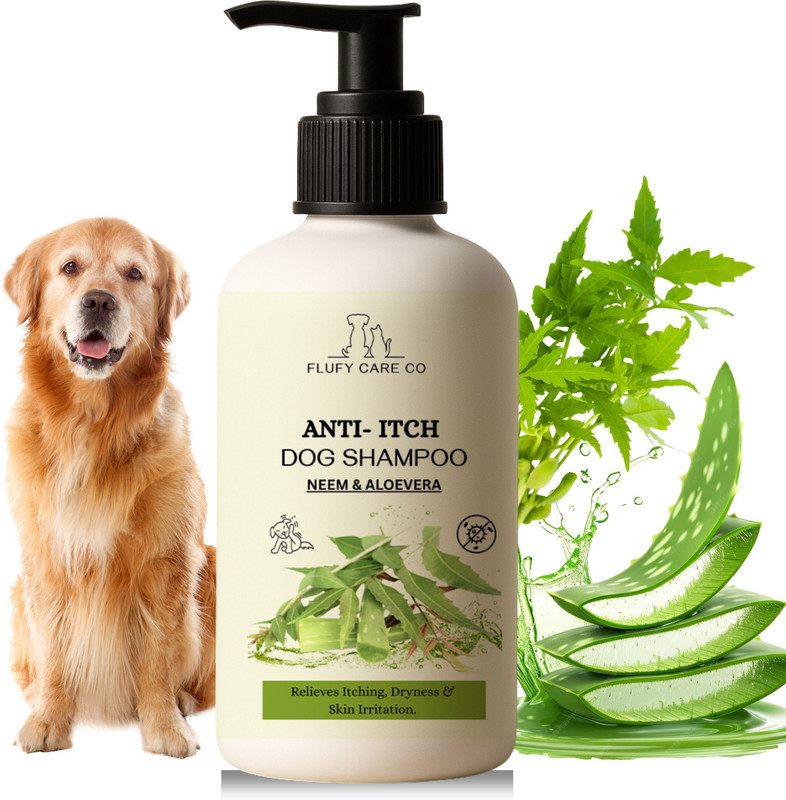 flufy care co Anti-Itch Herbal Dog Shampoo – 200 ml | Aloe Vera & Neem Extract Anti-itching, Allergy Relief, Anti-fungal, Flea and Tick ALOEVER & NEEM Dog Shampoo(200 ml)