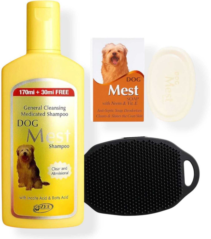 ZEE DRUGS Dog Mest Shampoo (200ml) + Dog Mest Soap + Silicone Bath Brush for Pets Flea and Tick, Anti-itching Natural Dog Shampoo(275 ml)