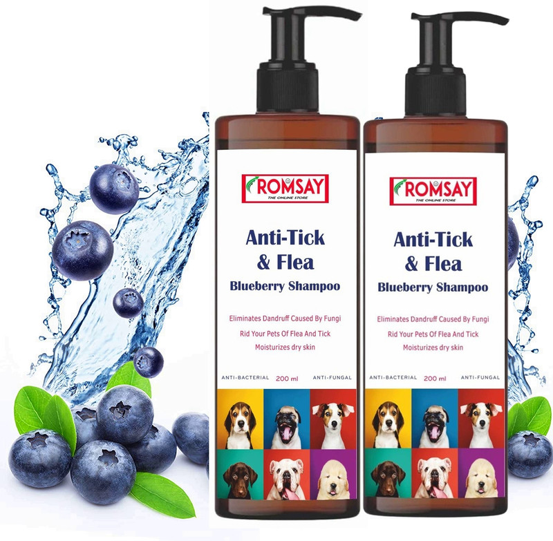 ROMSAY Tick & Flea Control Shampoo For Dog & Cat 200ML Pack Of 2 By Positively Pet Care Flea and Tick, Allergy Relief, Anti-fungal, Anti-itching, Anti-microbial, Hypoallergenic Blueberry Dog Shampoo(400 ml)