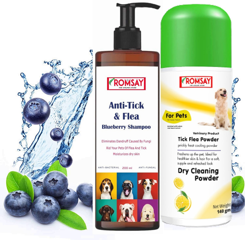 ROMSAY Tick & Flea Blueberry Shampoo 200ML + Tick & Flea Lemon Powder 140GM For Pets Flea and Tick, Allergy Relief, Anti-itching, Anti-fungal, Anti-microbial, Itch Relief Blueberry, Lemon Dog, Cat Shampoo(340 ml)