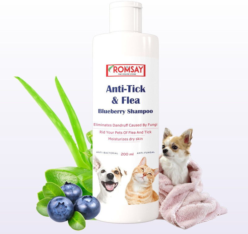 ROMSAY Anti-Tick And Flea Blueberry Shampoo For Dogs and Cats 200ML Pack Of 3 Flea and Tick, Allergy Relief, Anti-fungal, Anti-itching, Anti-dandruff, Hypoallergenic Blueberry Dog Shampoo(600 ml)