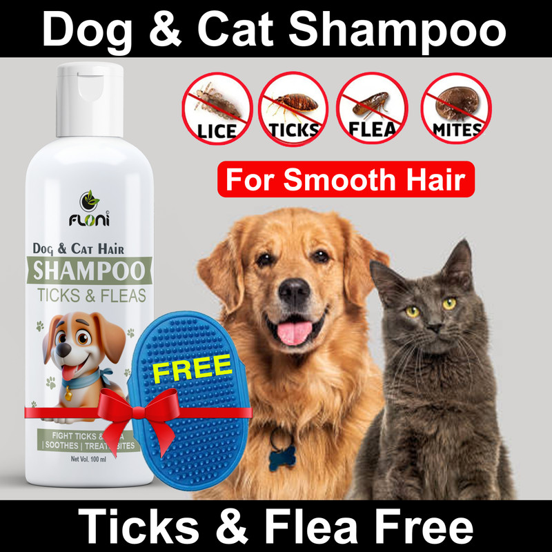 floni Dog & Cat Tick Flea Shampoo with Free Silicone Bath Brush 100 ml Anti-fungal, Anti-itching, Allergy Relief, Flea and Tick, Itch Relief Fragrance Free Dog, Cat Shampoo(100 ml)