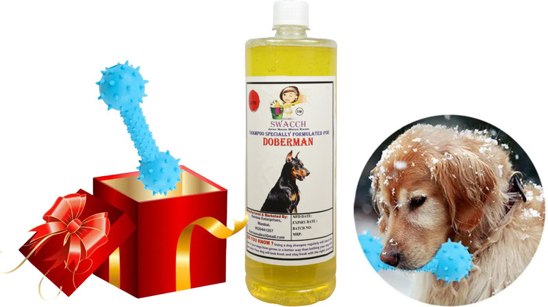 swacch Dog Shampoo + Rubber Dumbbell Toy & Teeth Cleaning Chew Toy I Doberman Conditioning Lemon Dog Shampoo(1 L)