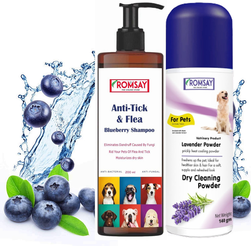 ROMSAY Anti-Tick & Flea Blueberry Shampoo 200ML + Lavender Powder 140GM For Pets Allergy Relief, Anti-fungal, Anti-itching, Flea and Tick, Itch Relief, Hypoallergenic Blueberry, Lavender Dog, Cat Shampoo(340 ml)