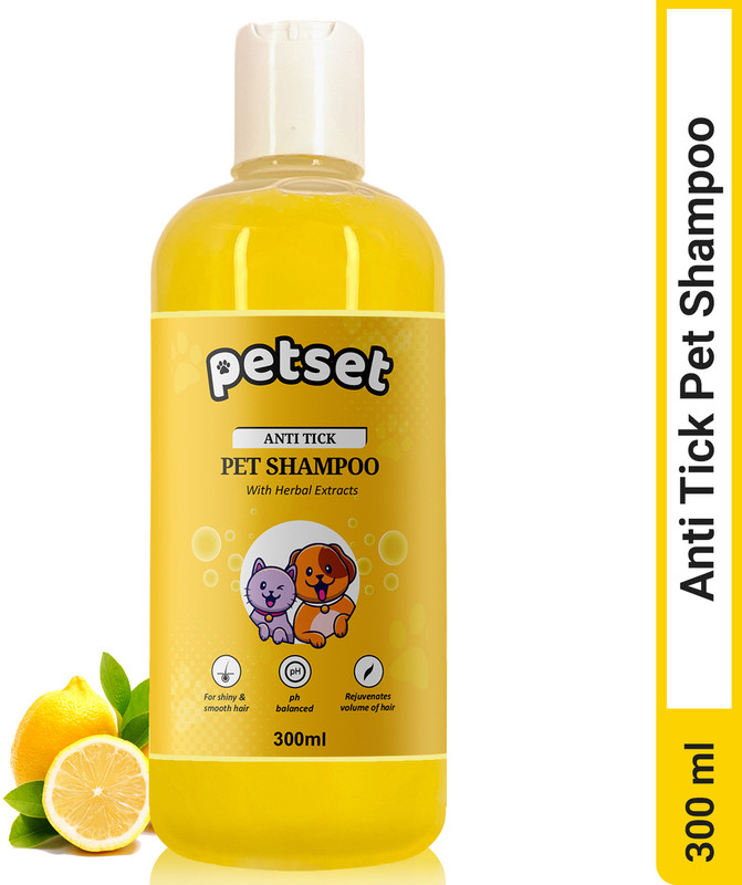 Petset Anti Tick & Flea Shampoo for Dogs & Cats, Shiny Smooth Hair, Hair Rejuvenation, Anti-itching, Anti-fungal, Anti-parasitic, Hypoallergenic Lemon Dog Shampoo(300 ml)