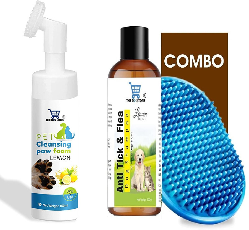 THE DDS STORE Pet Shampoo 200 ml (Anti Tick & Flea (Lemon)+Bath Brush) With Dog Paw Cleaner Pet Spa Kit