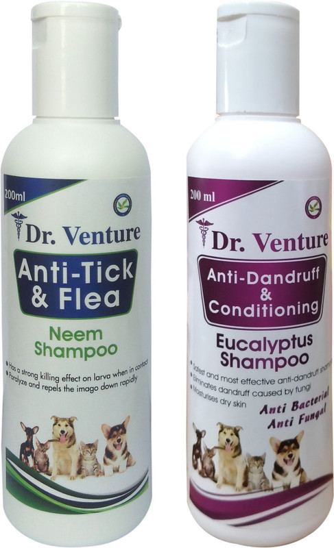 Dr Venture Anti-tick and Flea Dog Shampoo 200 ml + Anti Dandruff & Conditioning 200 ml Anti-microbial, Conditioning, Anti-fungal, Flea and Tick, Anti-dandruff, Anti-itching neem and eucalyptus Dog Shampoo(400 ml)