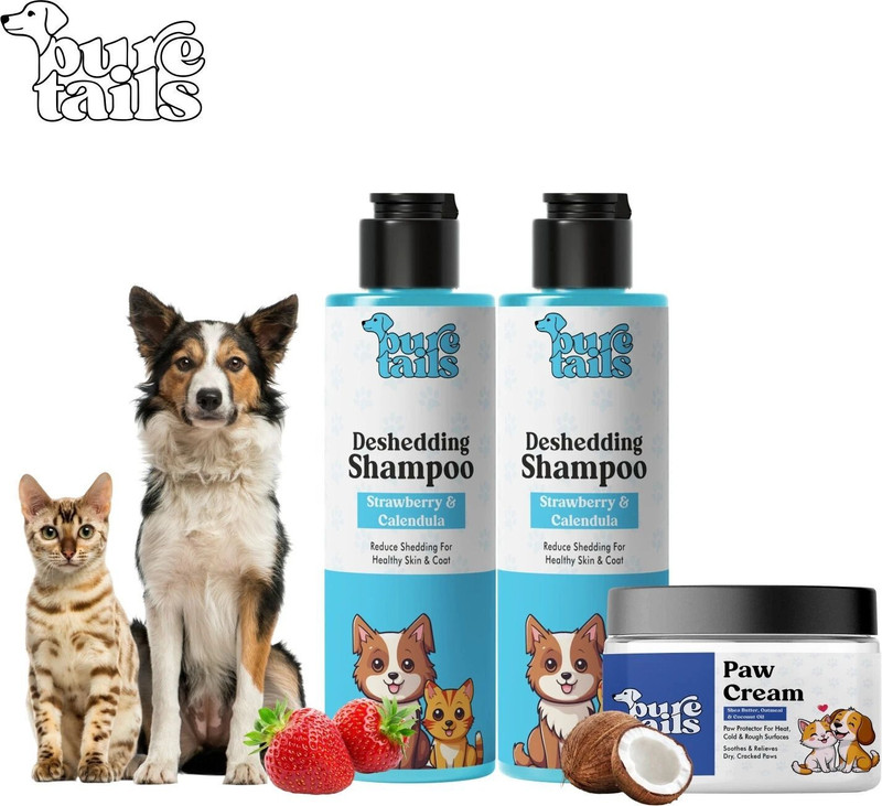 Pure Tails Deshedding Shampoo With Paw Cream(Combo-3) Anti-itching, Anti-fungal, Anti-dandruff Shea Butter, Oatmeal & Coconut Oil, Strawberry & Calendula, Strawberry & Calendula Dog, Cat Shampoo(200 ml)