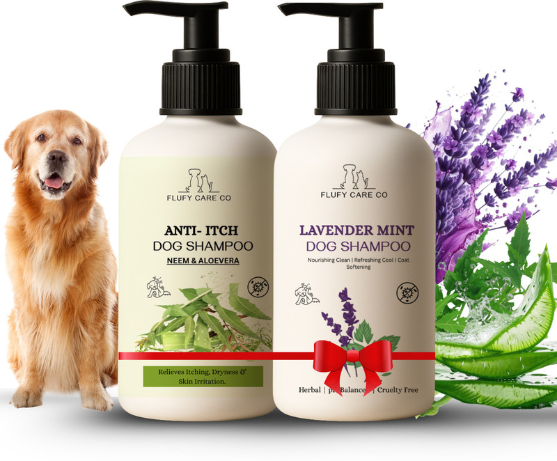 flufy care co Lavender Mint & Anti-Itch Dog Shampoo Combo – 200ml + 200ml Allergy Relief, Anti-dandruff, Anti-fungal, Flea and Tick NEEM, LAVENDER, ALOEVERA Dog Shampoo(400 ml)