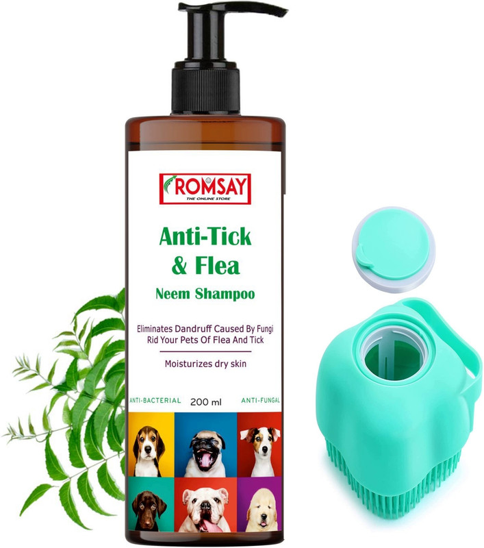 ROMSAY Anti-Tick and Flea Shampoo + Pet Bathing, Massaging, Body Scrub, Shower Brush Allergy Relief, Anti-fungal, Anti-dandruff, Anti-microbial, Flea and Tick, Hypoallergenic Neem Dog Shampoo(200 ml)