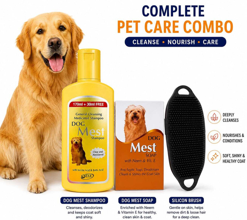 DogMest Dog shampoo 200 ml + Dog soap 75 g + Silicone brush grooming combo for pets Anti-dandruff, Anti-fungal, Anti-itching, Flea and Tick Floral Dog Shampoo(200 ml)