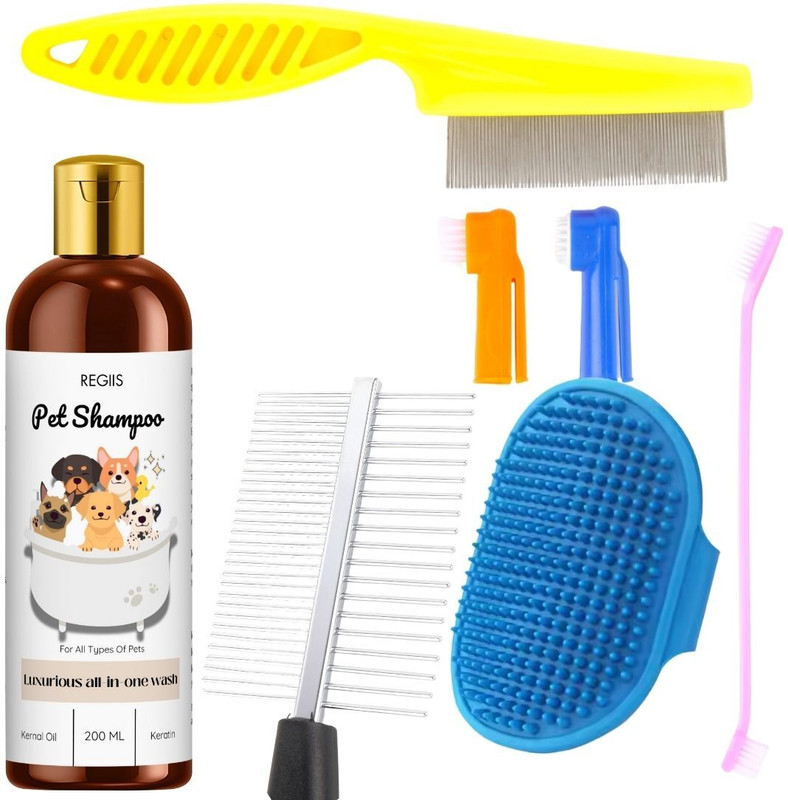 Regiis Pet Grooming Combo with All in 1 Shampoo, Itch Away Shampoo, Brush and Chain Pet Spa Kit