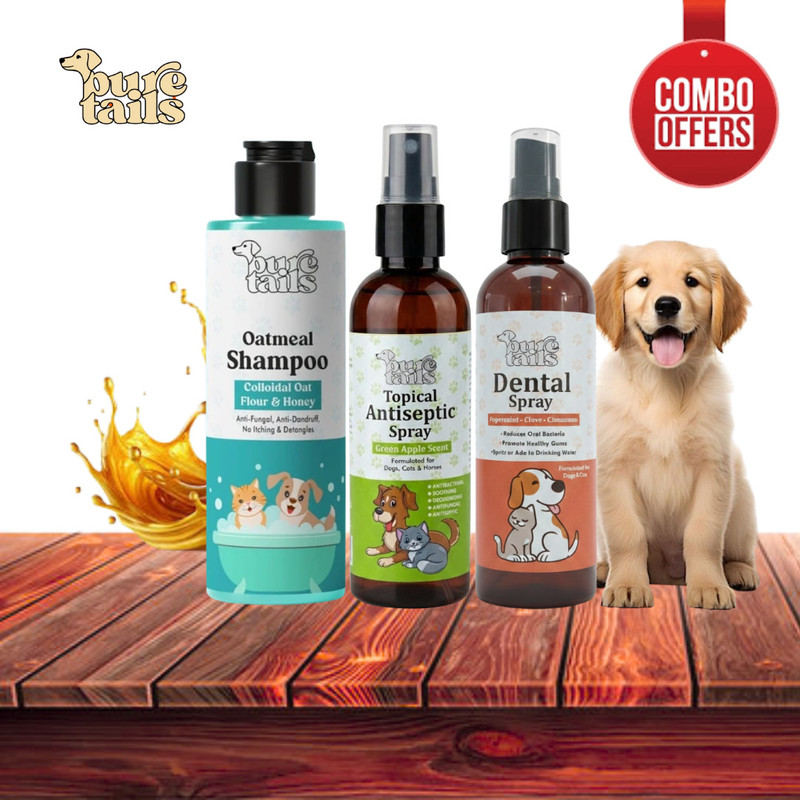 Pure Tails Oatmeal +Topical Antiseptic+Dental Combo-Grooming&Oral Care Kit 400ml-P of 3 Pet Spa Kit