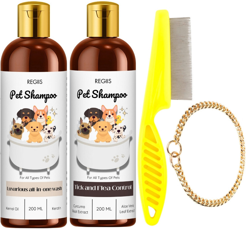 Regiis Combo_5in1shampoo_fleacomb_goldcollaralumunium_tickandfleashampoo Pet Spa Kit