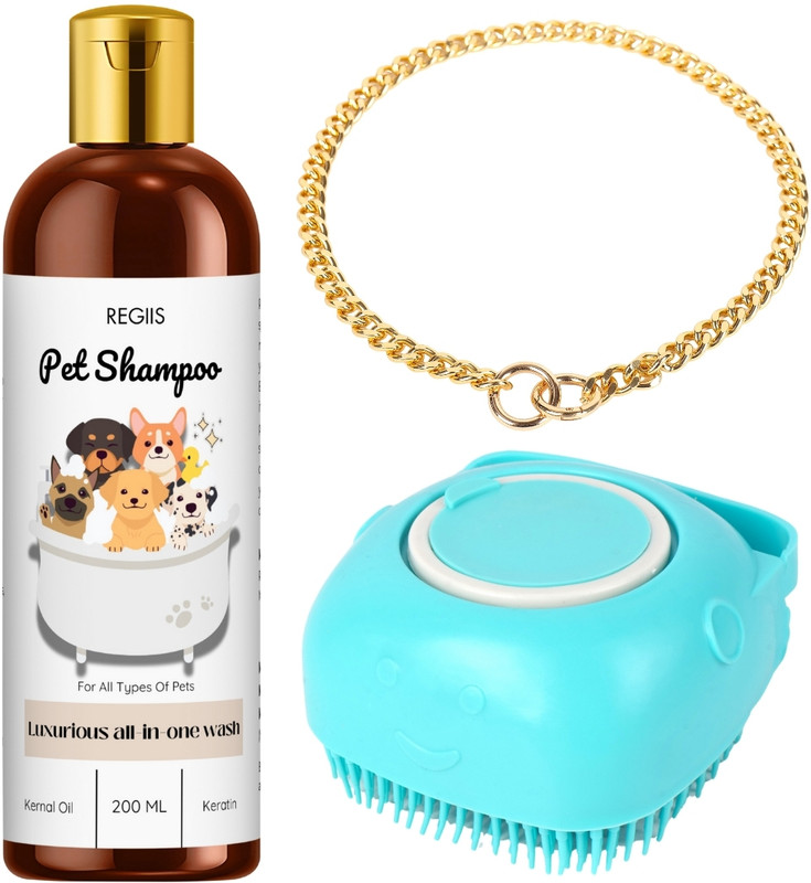 Regiis All in 1 shampoo, Collar chain (golden) & Palm glove Grooming Set Pet Spa Kit