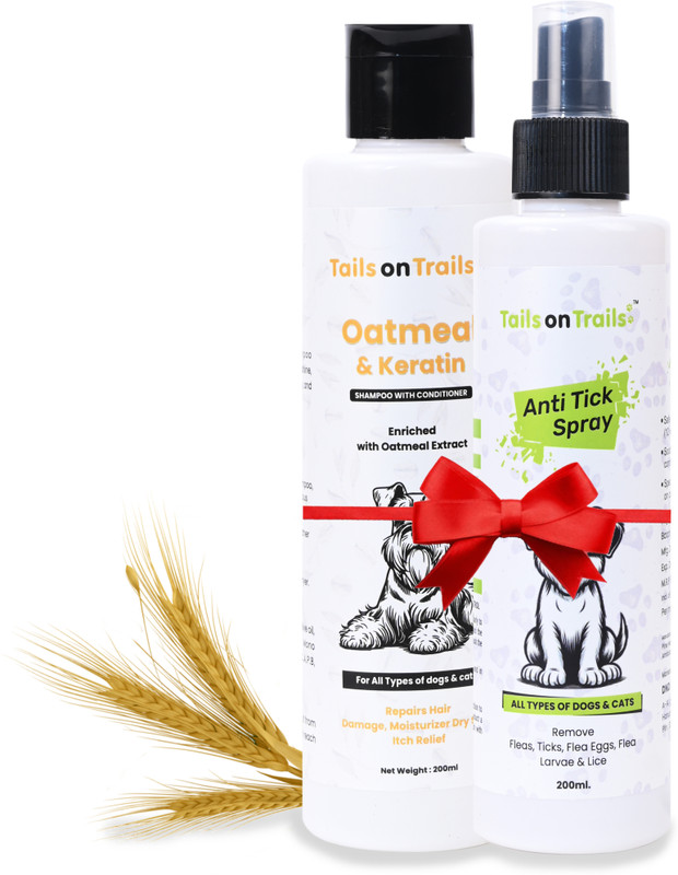 Tails on Trails 2 In 1 Dog Grooming Kit | Oatmeal Keratin Shampoo + Anti Tick & Flea Spray Pet Spa Kit