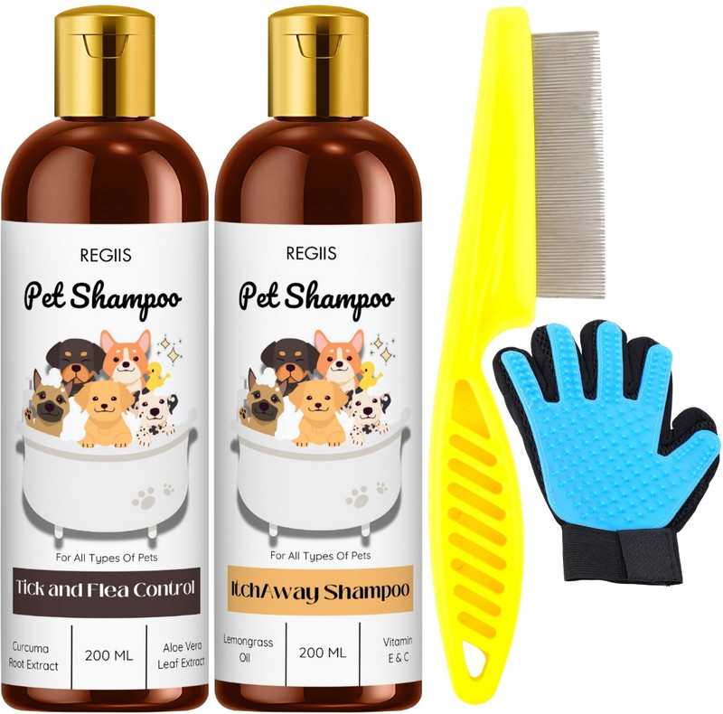 Regiis Dog Grooming Kit: Flea Comb, Gold Collar Chain, Glove, Itch Away, Slicker Pet Spa Kit