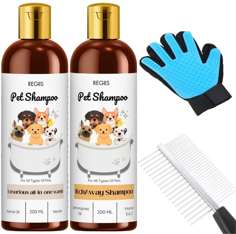 Regiis Pet Bath Kit – All-in-One & Itch Away Shampoo with Grooming Tools(4 PACK) Pet Spa Kit