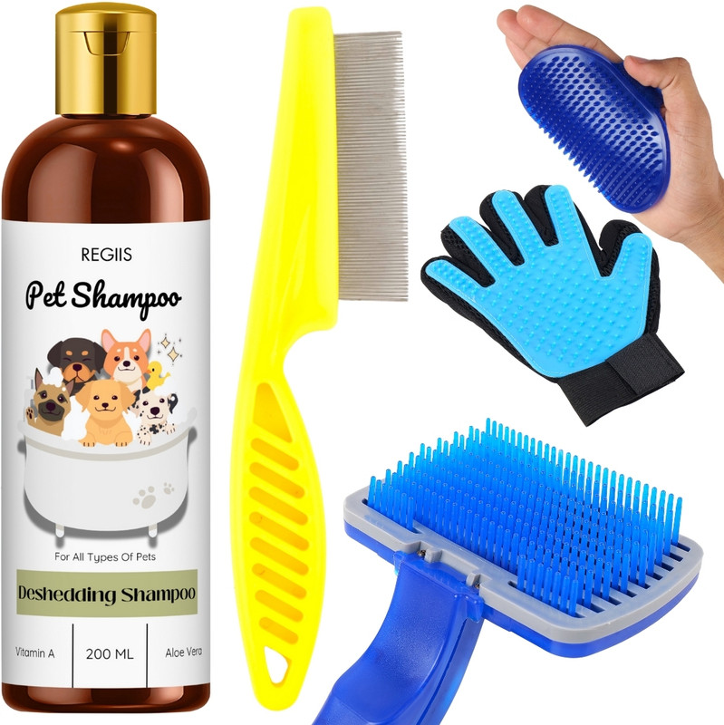 Regiis Dog & Cat Grooming Kit with Deshedding Shampoo and Flea Comb Pet Spa Kit