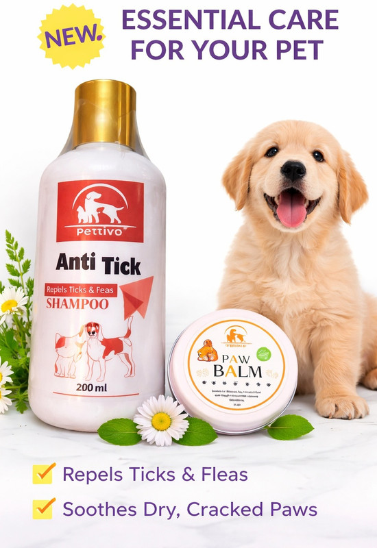 Pettivo Pet Care Combo Anti Tick Shampoo 200ml & Paw Balm for Dogs and Cats Pet Spa Kit