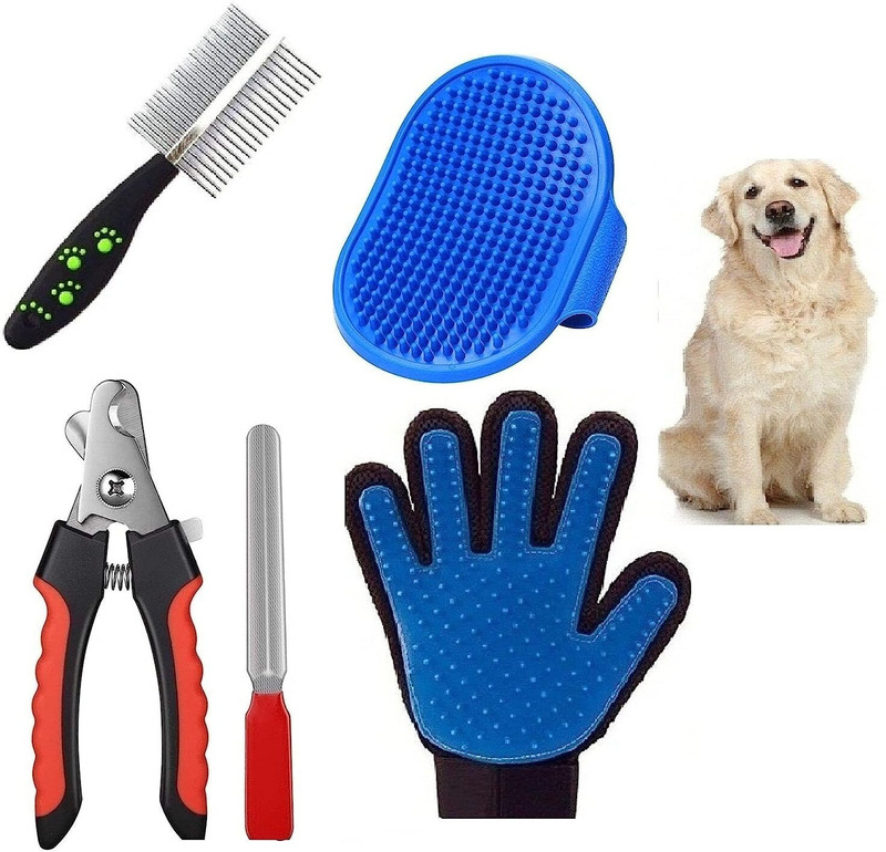 PSK PET MART Pet Gloves + Nail Clipper + Hair Comb + Bath Gloves Grooming Kit Pet Spa Kit