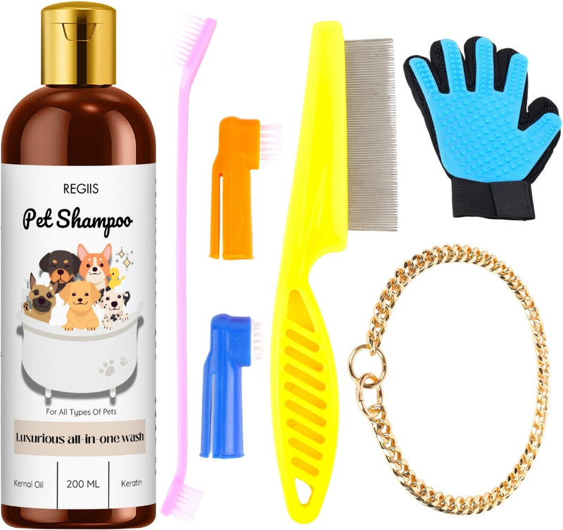 Regiis Combo_5in1shampoo_fleacomb_goldcollaralumunium_toothbrush_glove Pet Spa Kit