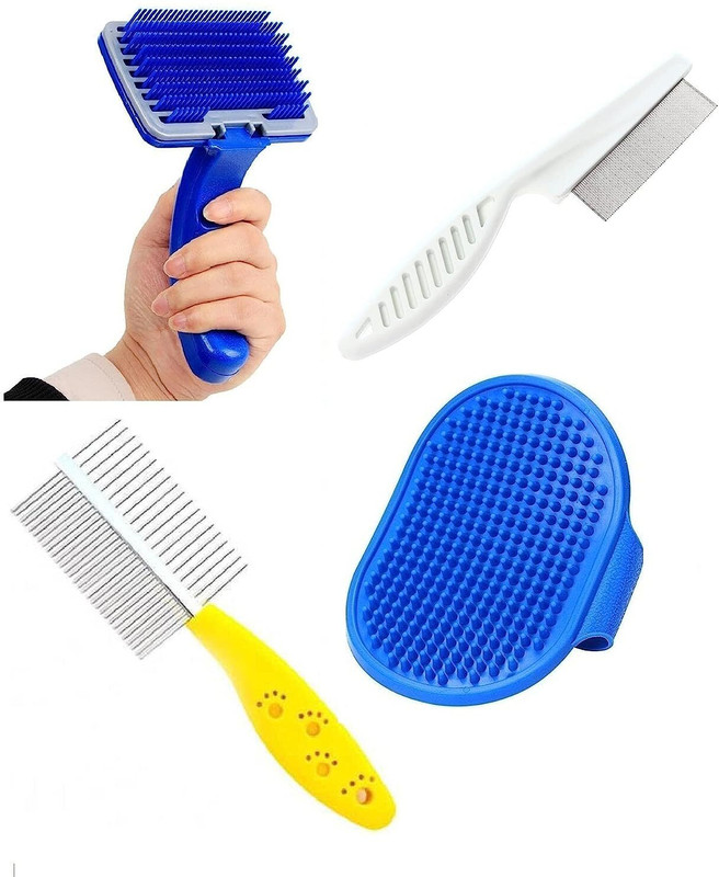 PSK PET MART Comb + Slicker +Hair Flea Comb + Bath Gloves Grooming Kit Pet Spa Kit