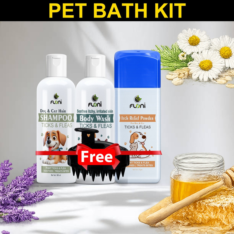 floni Premium Dog Care Combo Set – Powder Shampoo Body Wash + Free Brush Pet Spa Kit