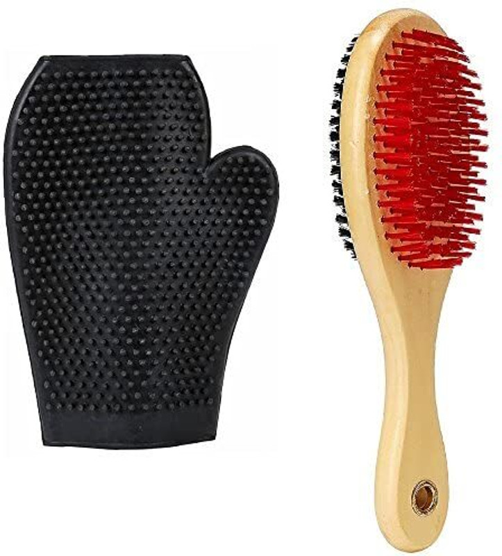 PSK PET MART Double Sided Wooden Bristles Dog Brush with Free Grooming Bathing Gloves (Large) Pet Spa Kit