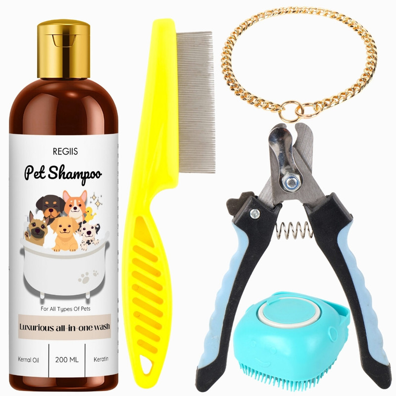 Regiis 5in1_flea_goldcollar_nailclipper_bathbrush Pet Spa Kit