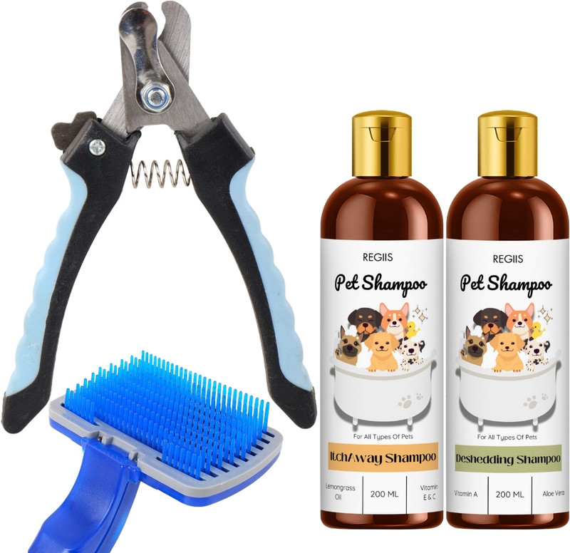 Regiis All in 1 shampoo, Shampoo bath brush, Grooming glove & Slicker brush Combo Pet Spa Kit