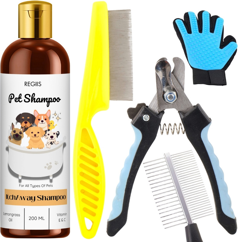 Regiis Dog & Cat Care Combo with Dual Shampoo, Comb, Glove & Clipper Pet Spa Kit