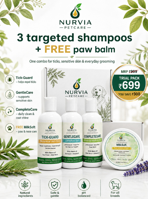 Nurvia Shampoos For Dogs CompleteCare GentleCare TickGuard 200 ml Each+Free Paw Balm Pet Spa Kit