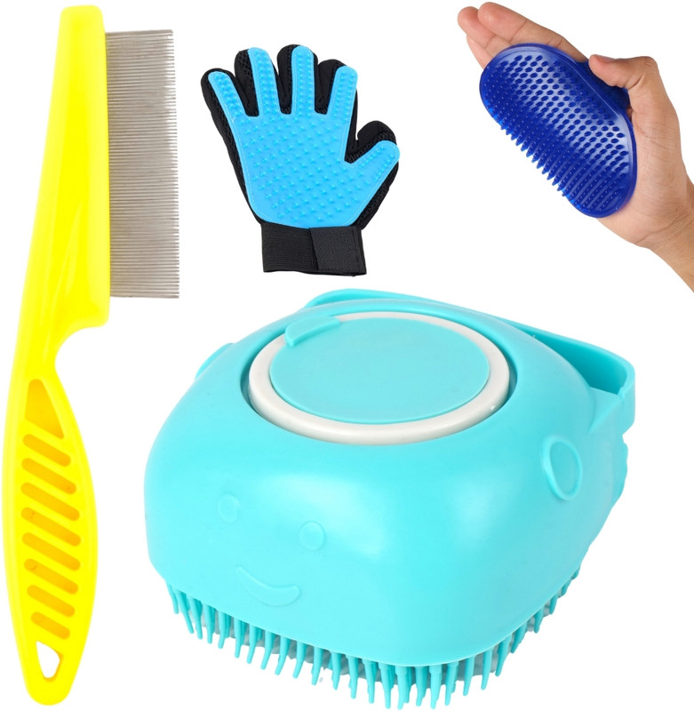 Regiis Grooming Combo with Bath Brush, Deshedding Glove, Flea Comb & Shampoo Brush Box Pet Spa Kit