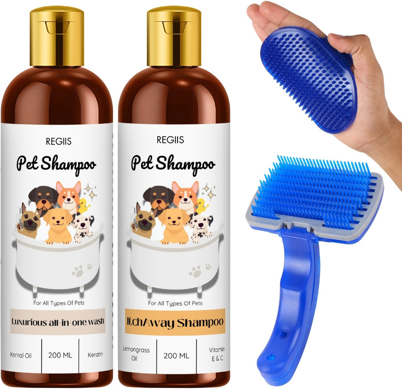 Regiis All in 1 shampoo, Tooth brush, Itch away shampoo & Palm glove Combo Pet Spa Kit