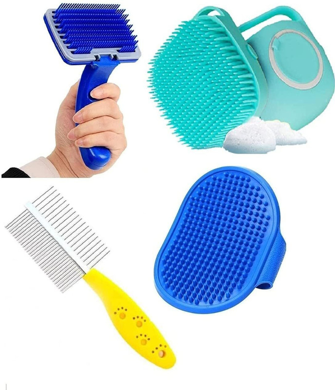 PSK PET MART Double Side Comb+ Slicker + Dog Shampoo Brush 80ml + Bath Gloves Pet Spa Kit