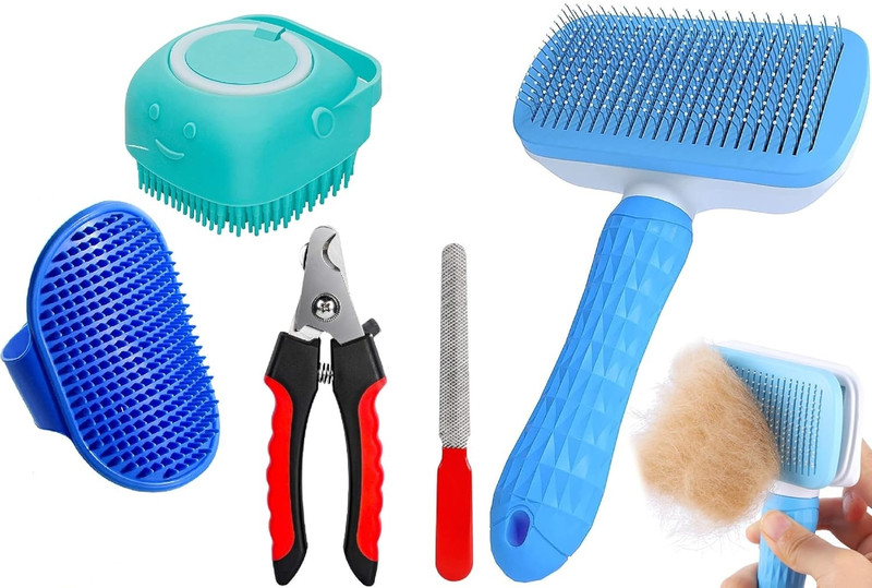 Dogs and Tiddles 4‑in‑1 Pet Grooming Set (Sleeker, Silicone bath massage brush, Nail Clipper) Pet Spa Kit