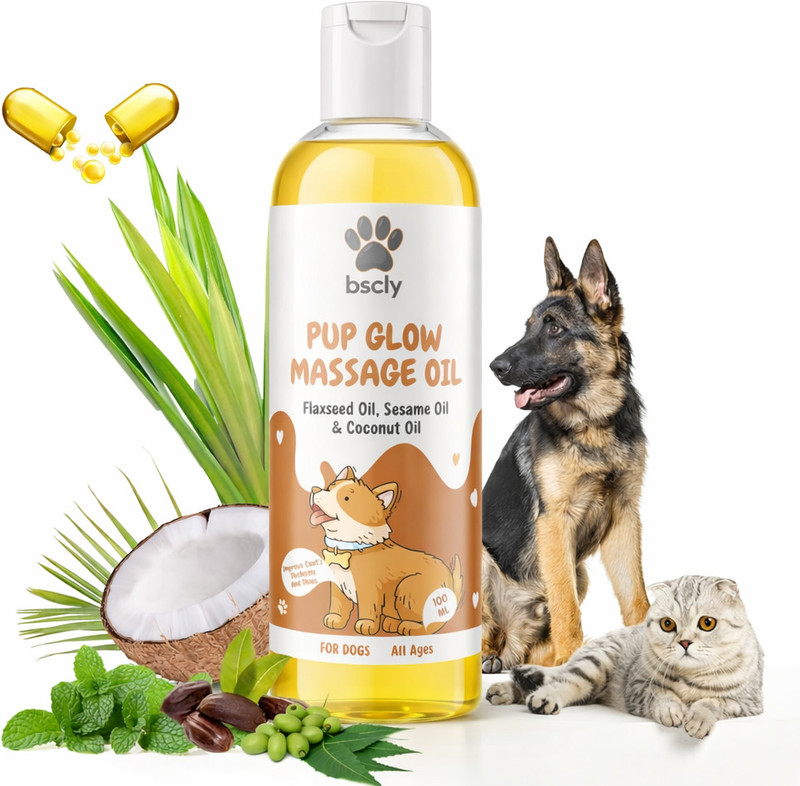 bscly Pup Glow Massage Oil – Flaxseed oil, Sesame Oil & Coconut Oil – 100 ml Pet Spa Kit