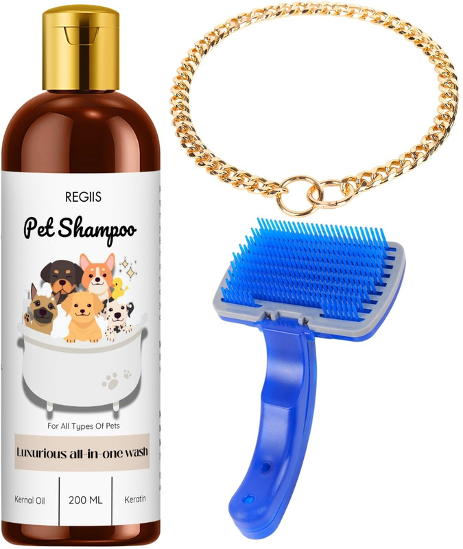 Regiis All in 1 shampoo, Collar chain (golden), Nail clipper & Slicker brush Combo Pet Spa Kit