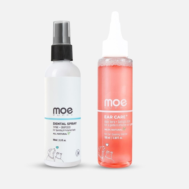 Moe Puppy Dental Spray (100ml) & Ear Care (30g) – Complete Oral & Ear Hygiene Combo | Pet Spa Kit