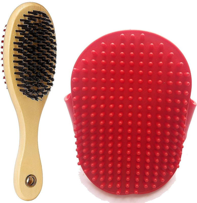 PSK PET MART Brush Double Side (Medium) and Hand Shaped Rubber Massager Glove (Combo of 2) Pet Spa Kit