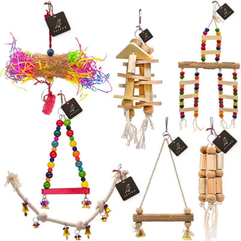 PETZOO Bundle of 7 Birds Toys Paper Shredded ForagingToy, Swings, Perchs & Chew Hanging Wooden Chew Toy, Training Aid, Perch For Bird
